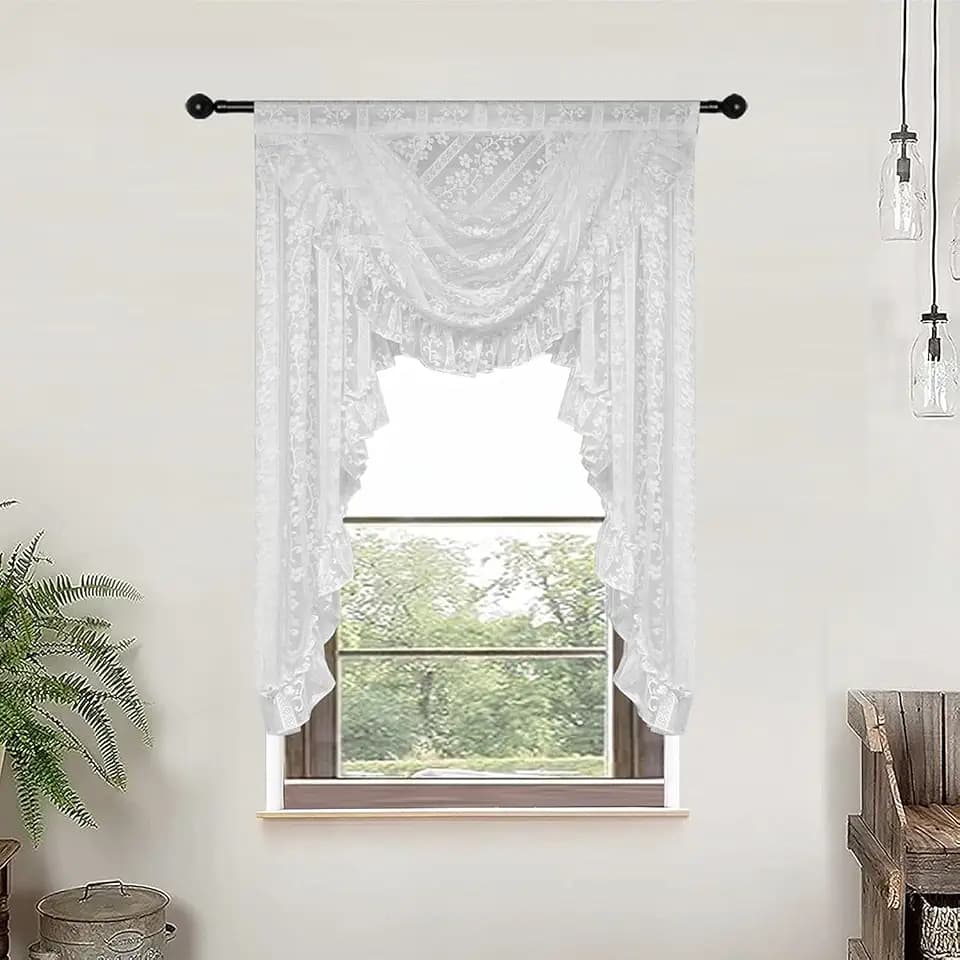 Gxi White Floral Sheer Curtain Ruffle Waterfall Valance for Living Room