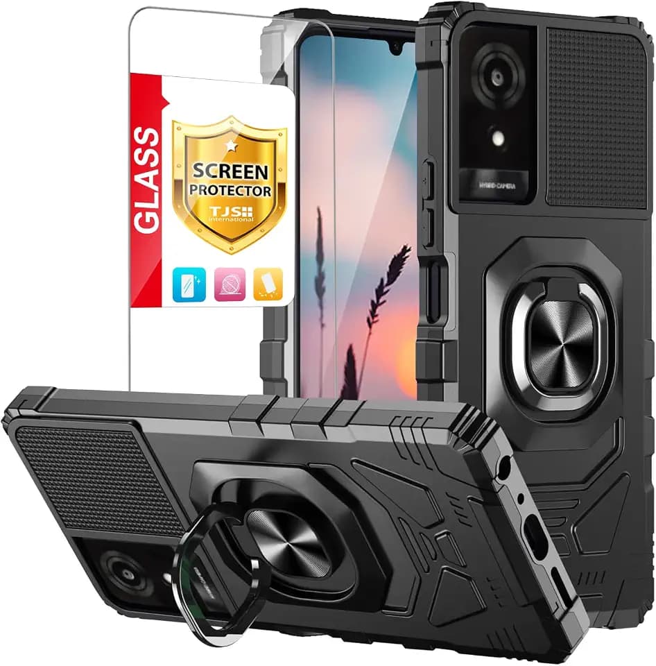 TJS for TCL K24 Case TCL K23 Case Tempered Glass Screen Protector (Black)