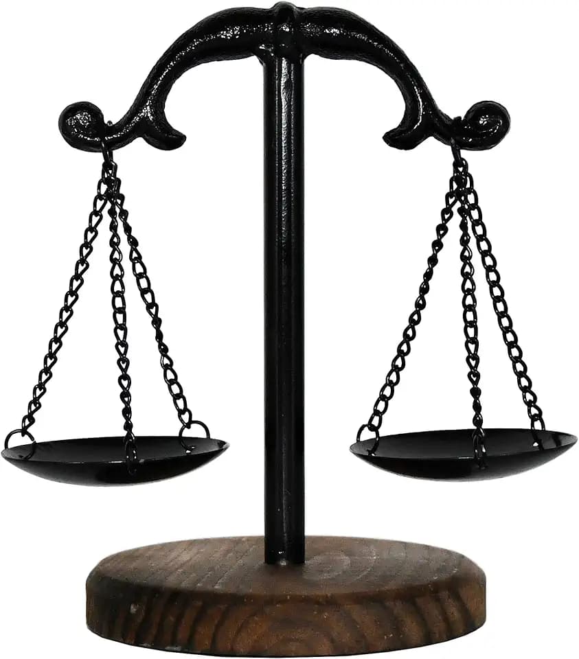 OwlGift Vintage Style Metal Libra Jewelry Towers Tray w/Wooden Base Cosmetic Organizer Storage, Lawyer Scale of Justice, Farmhouse Candleholder, Home Décor Antique Weight Balancing Scale – Black