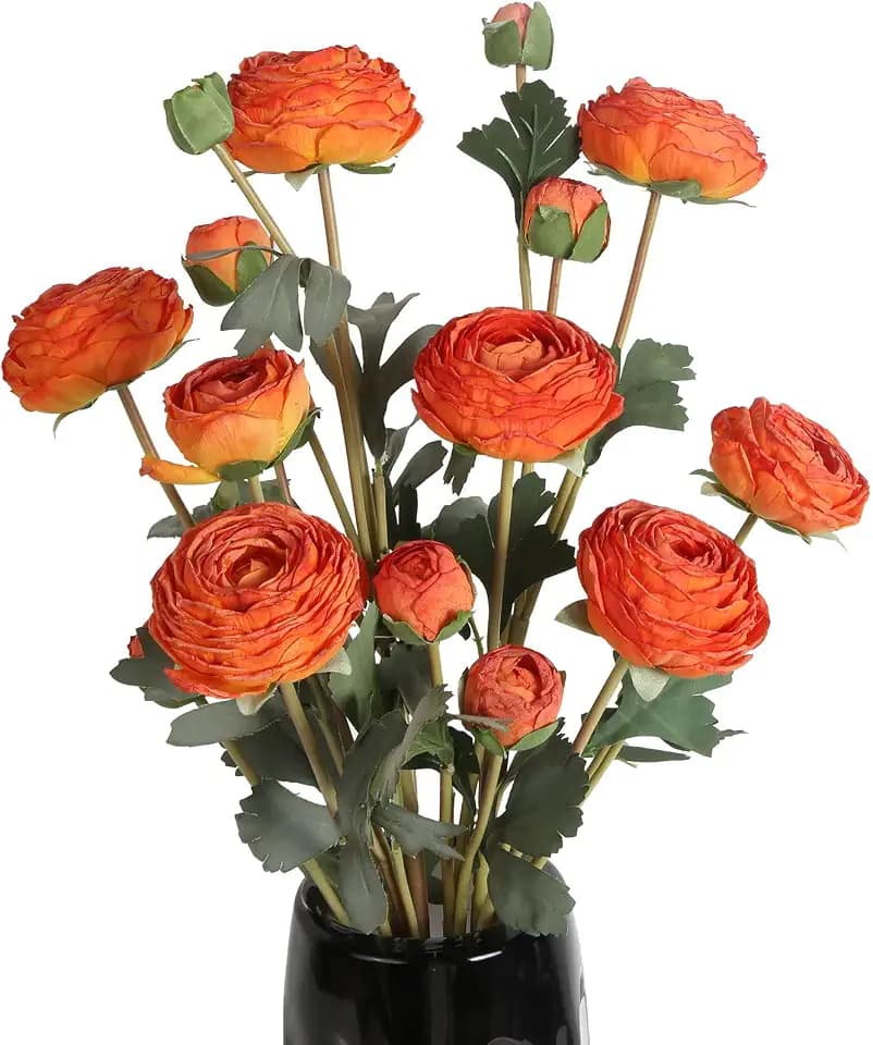 Orange Artificial Ranunculus Flowers,18 Heads Silk Flowers Persian Buttercup Fake Flower Bouquets Arrangement for DIY Wedding Bride Party Home Office Decor(Orange)