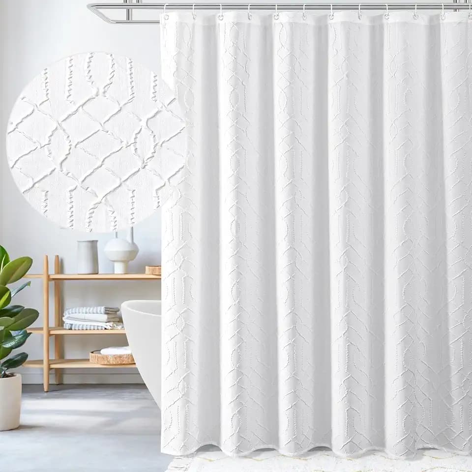 Gibelle White Geometric Shower Curtain, Farmhouse Fabric, 72x78