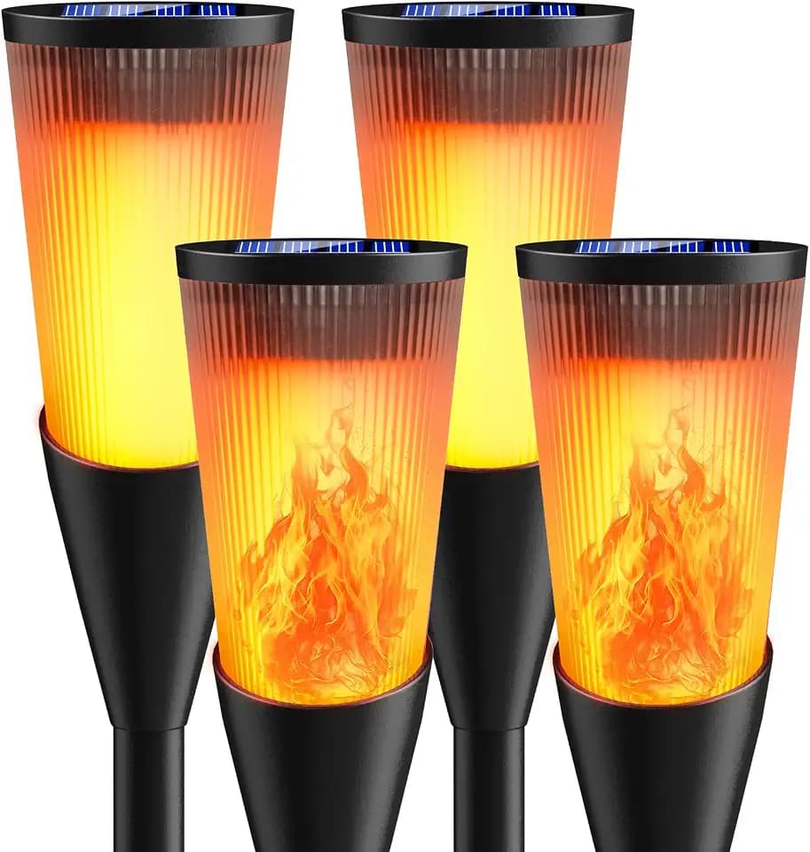 Solarlampen für Außen Gartenfackeln, 4 Stück 2 Modi Solarleuchten für Draußen, IP65 Wetterfest Fackeln Lampe Gartenleuchten mit Realistischen Flammen Auto EIN/Aus für Garten Deko Weg, Hinterhöfe,Rasen