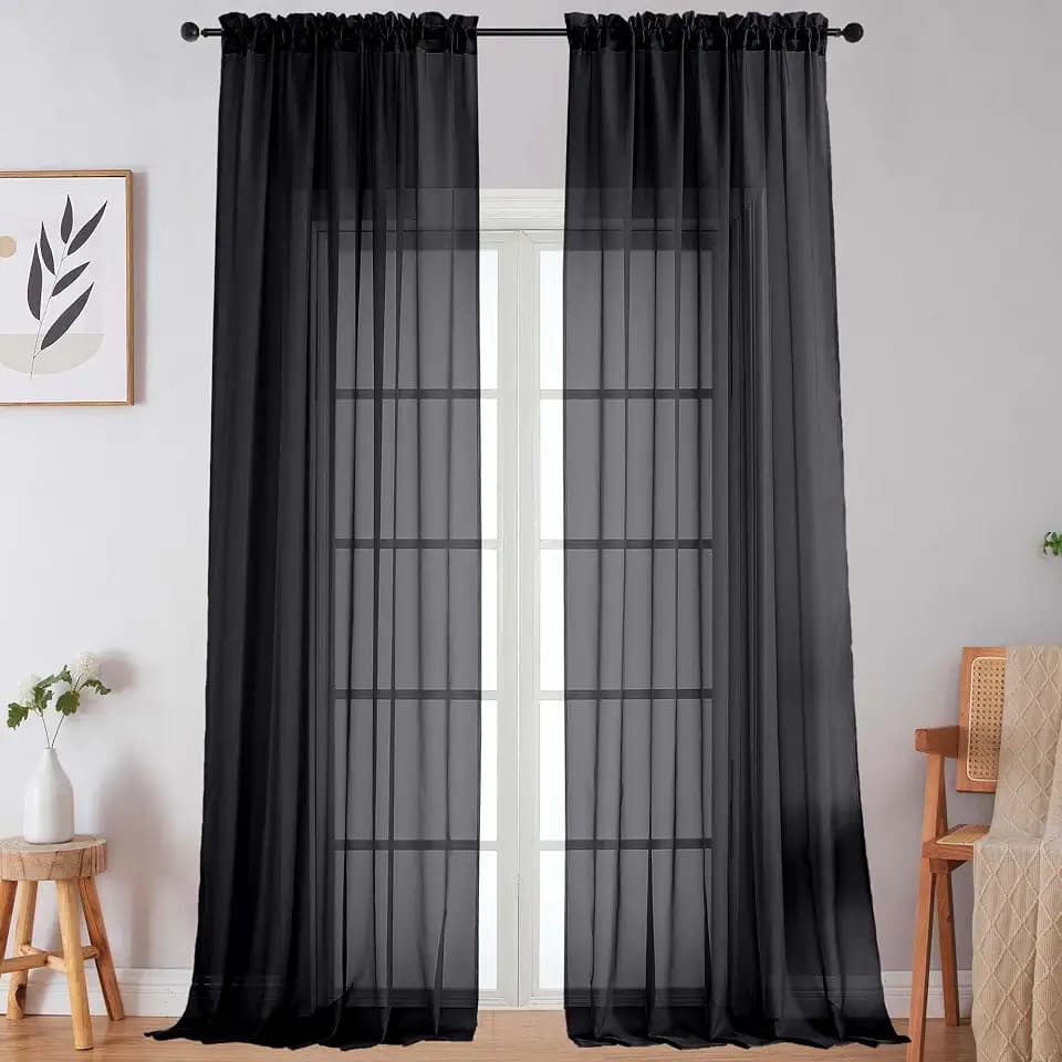 Extra Long Black Sheer Curtains for Bedroom Living Room 108 Inches Long 2 Panels Set, Solid Soft Light Filtering Rod Pocket Sheer Window Curtains, Black, Each 59" Wx108 L Inch