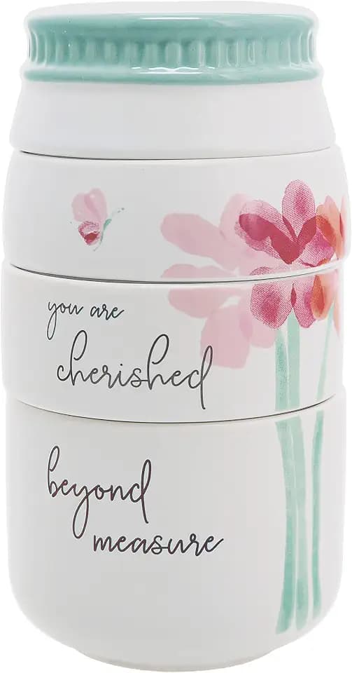 Pavilion Gift Company - Cherished Beyond Measure - 6-inch Stackable Ceramic Kitchen Measuring Cup (¼, ⅓, ½, 1 Cup), Rustic, Antique, Farmhouse Design For Kitchen, Mason Jar Measuring Cup, Cream