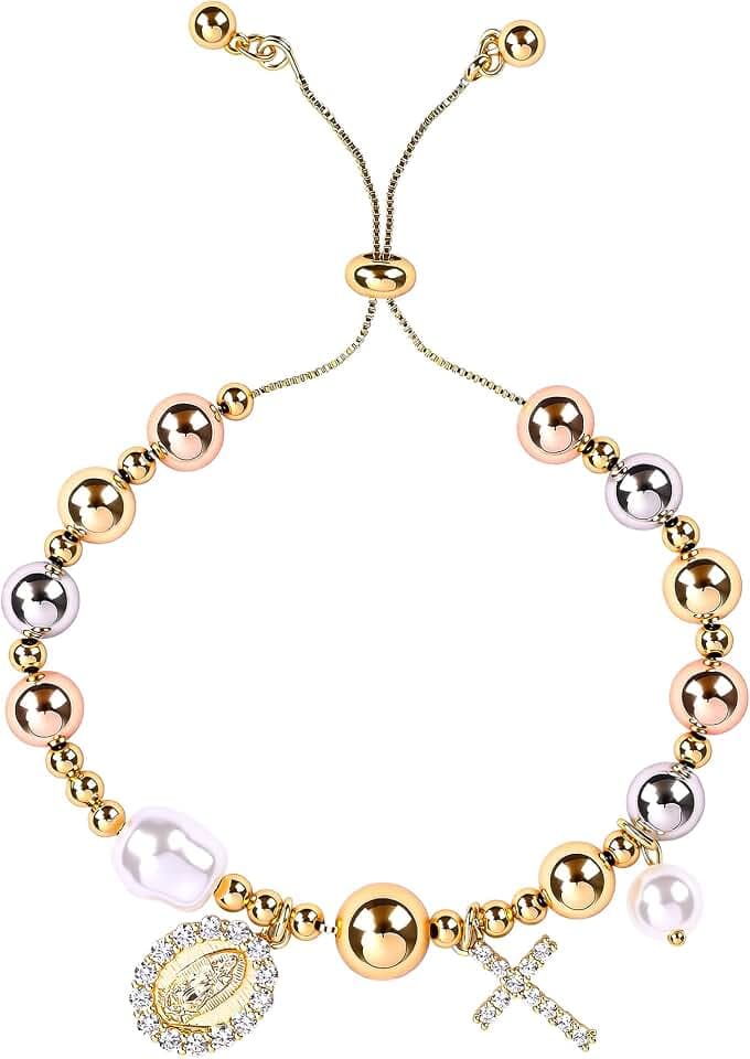 Rosary Cross Bracelet for Women, Gold Virgin Mary Rosary Beads Catholic Bracelet