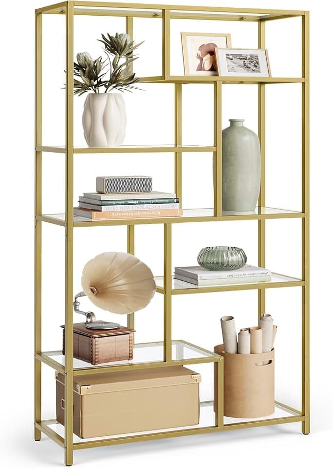 VASAGLE 6-Tier Bookcase, Slim Shelving Unit, Tempered Glass, Steel Frame