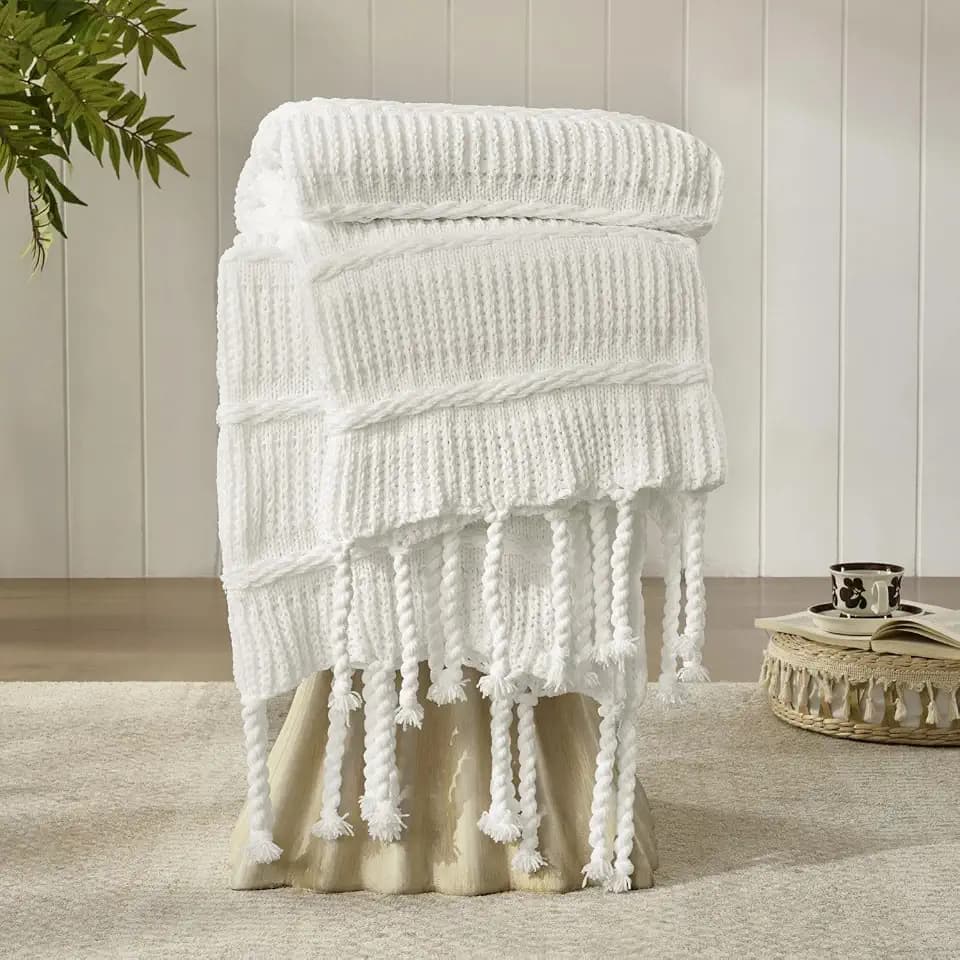 Boho Knitted Chenille Blanket with Tassels - Lightweight & Soft All-Season Throw - 3D Classic Pattern for Living Room Bedroom Couch, Cloud White, Throw 50"x60"