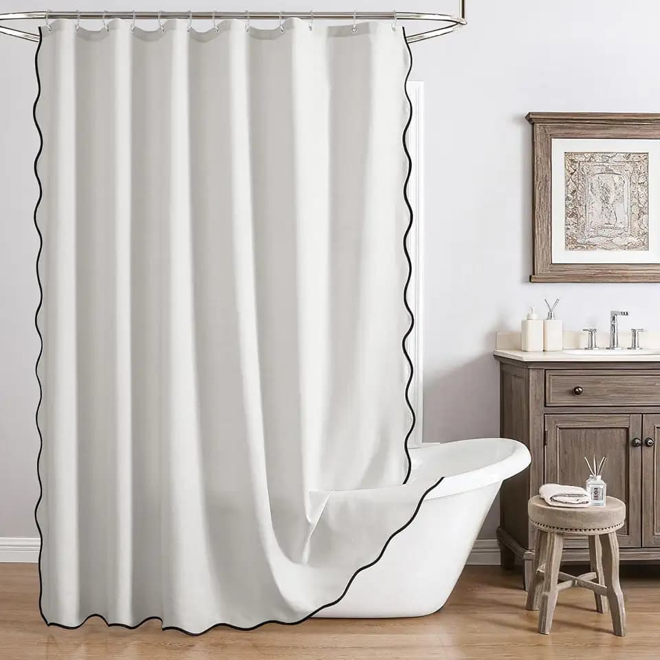 Linen Scallop Shower Curtain with 12 Clear Hooks, Waterproof, 72x72, White