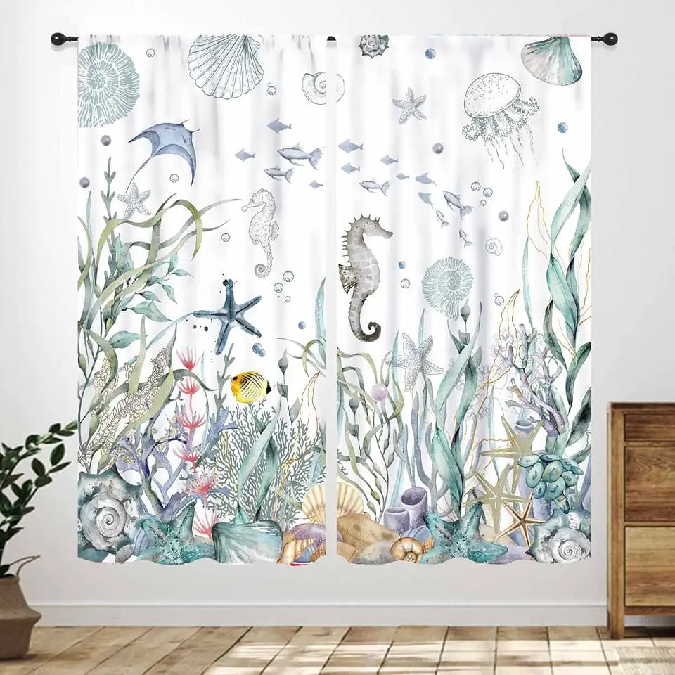 Nautical Beach Curtains,Coastal Seahorse Undersea Animal Blue Bedroom Kids Room Drapes Treatments,Ocean Coral Summer Living Room Bathroom Window Curtains 2 Piece Set,42X54 Inch