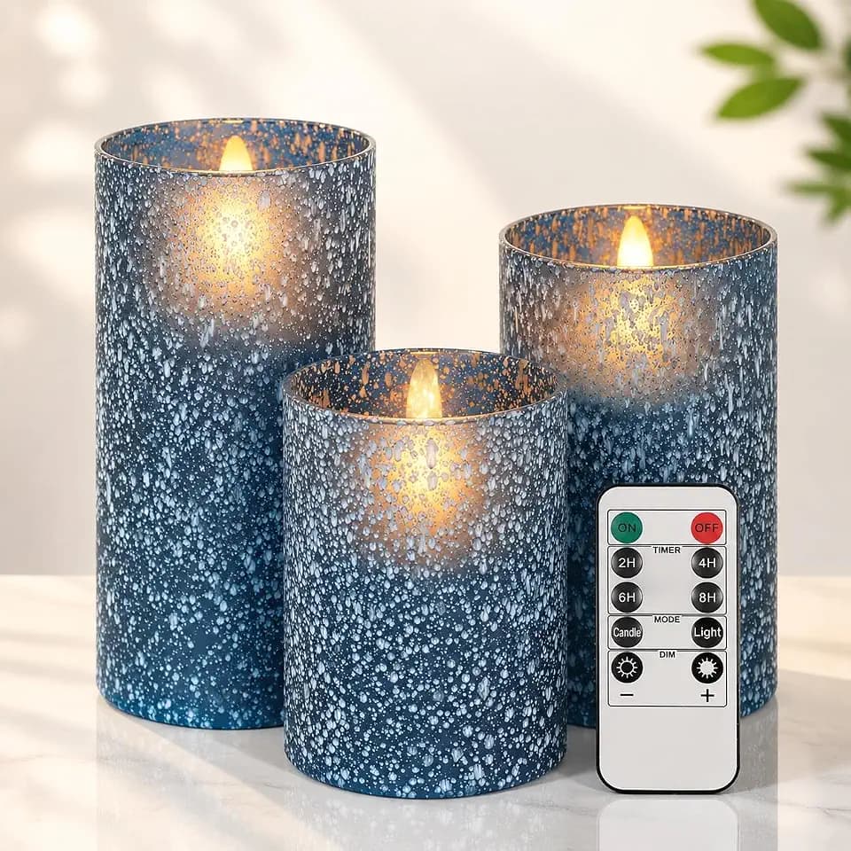 Blue Candles for Coastal Decor, Flameless Candles with Remote
