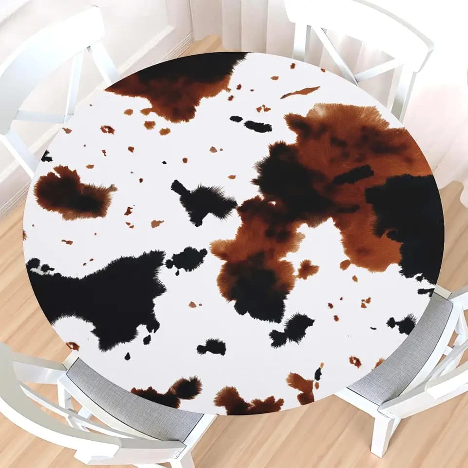 Cowhide Round Fitted Tablecloth with Elastic Edge,Water-Resistant Brown White Animal Cow Skin Spots Table Cover for 40-44" Found Tables Rustic Western Farmhouse Table Cloth for Dinner,Outdoor,Patio