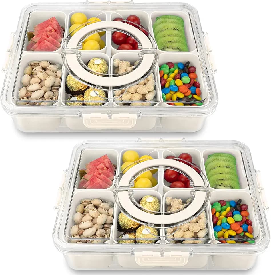 HRXFOZ Divided Serving Tray with Lid and Handle, 8 Compartment Snack Box, Portable Snack Platter for Fruits, Veggies, Nuts, Party Entertaining, Picnic (2 PCS)