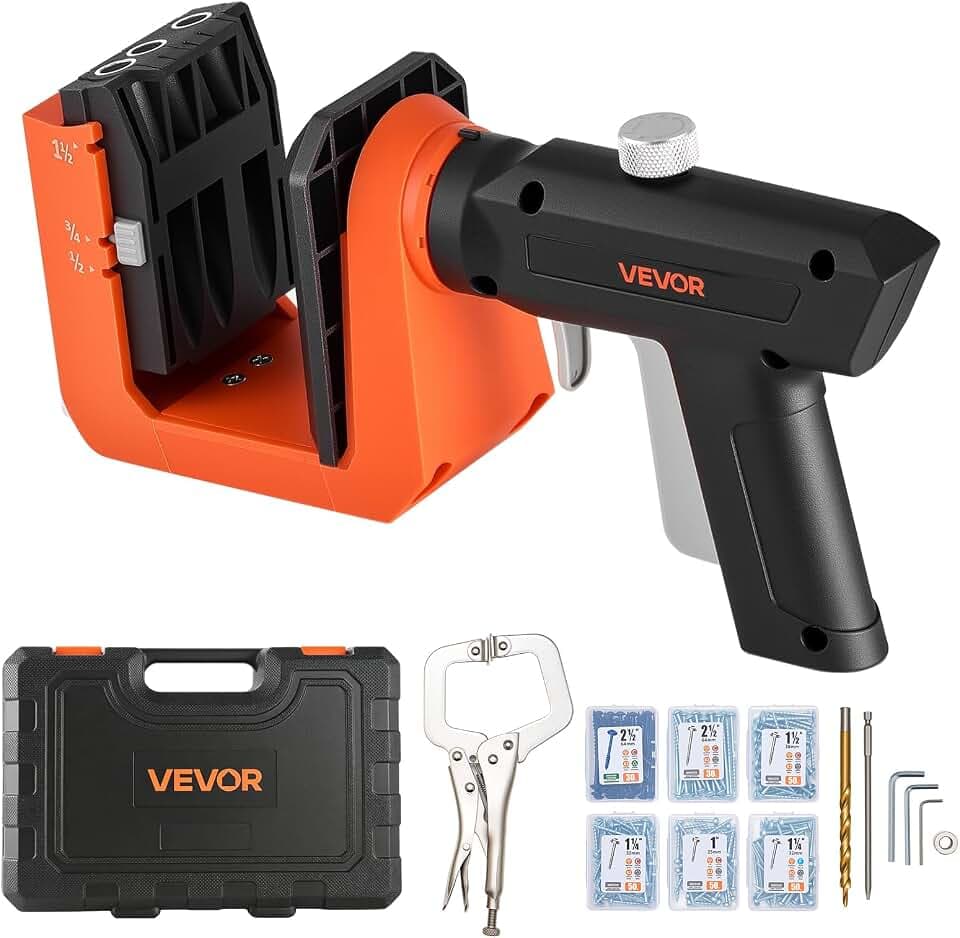 VEVOR Pocket Hole Jig Kit, 1/2", 3/4", 1-1/2" Adjustable, 360° Rotating Handle, Jig Pocket Hole System with 260 Screws, C-Clamp, Stop Collar, Drill Bit, Easy Clamping and Adjusting, for Woodworking