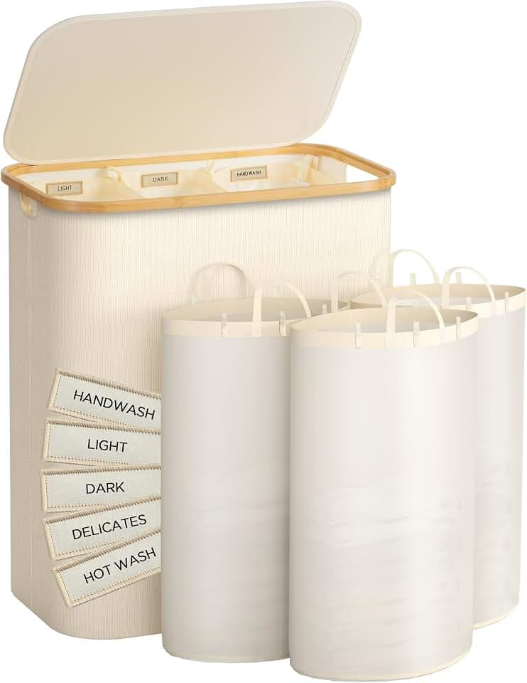 Laundry Hamper with Lid, 160L Extra Large Laundry Hamper 3 Section, Dirty Clothes Hampers with Removable Laundry Bags, Laundry Basket Organizer for Bathroom, Bedroom, Dorm Laundry Room(Beige)