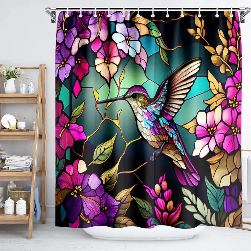 Spring Shower Curtain Flower,Hummingbird Shower Curtain for Bathroom with Hooks,Watercolor Polyester Fabric Shower Curtain Sets Machine Washable Waterproof Modern Bath Curtain Decor 72"x72"