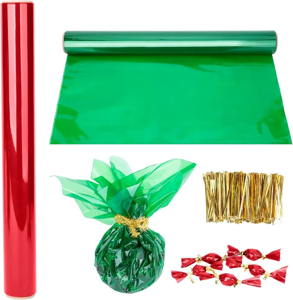 Wehhbtye 2 Rolls Christmas Cellophane Roll - 33Ft Long x 32In Wide Transparent Cellophane Wrapping Paper with 800PCS 3”Gold Twist Ties - Colored Cellophane Wrap for Gift Basket Treats Package Storage