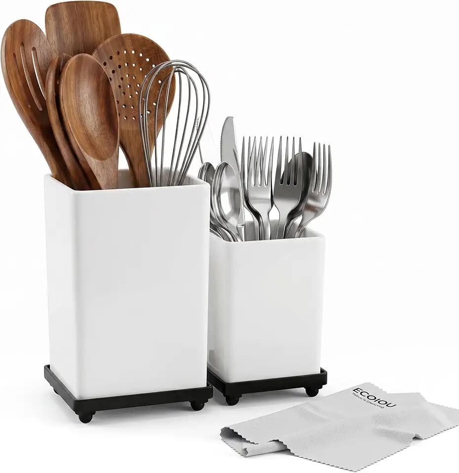 ECOIOU Tiered Counter Utensil Holder Set with 6.5" & 4.7" Removable Drainage Bins, Dual Kitchen Utensil Crock for Cooking Dining Utensils & Spatulas, White