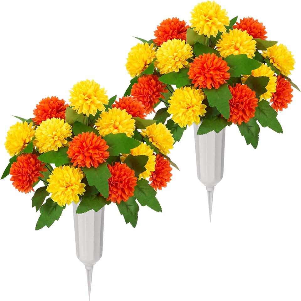 Janinka 2 Pack Artificial Marigold Flowers for Grave Fall Cemetery Decor