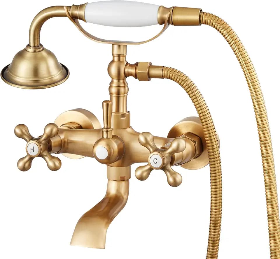 VEVOR Clawfoot Tub Faucet, Wall Mount Bathtub Faucets with Handheld Shower, Vintage Brushed Gold Clawfoot Tub Filler Faucet Shower Kit with Adjustable Swing Arms & 360° Rotation Spout for Bathtubs