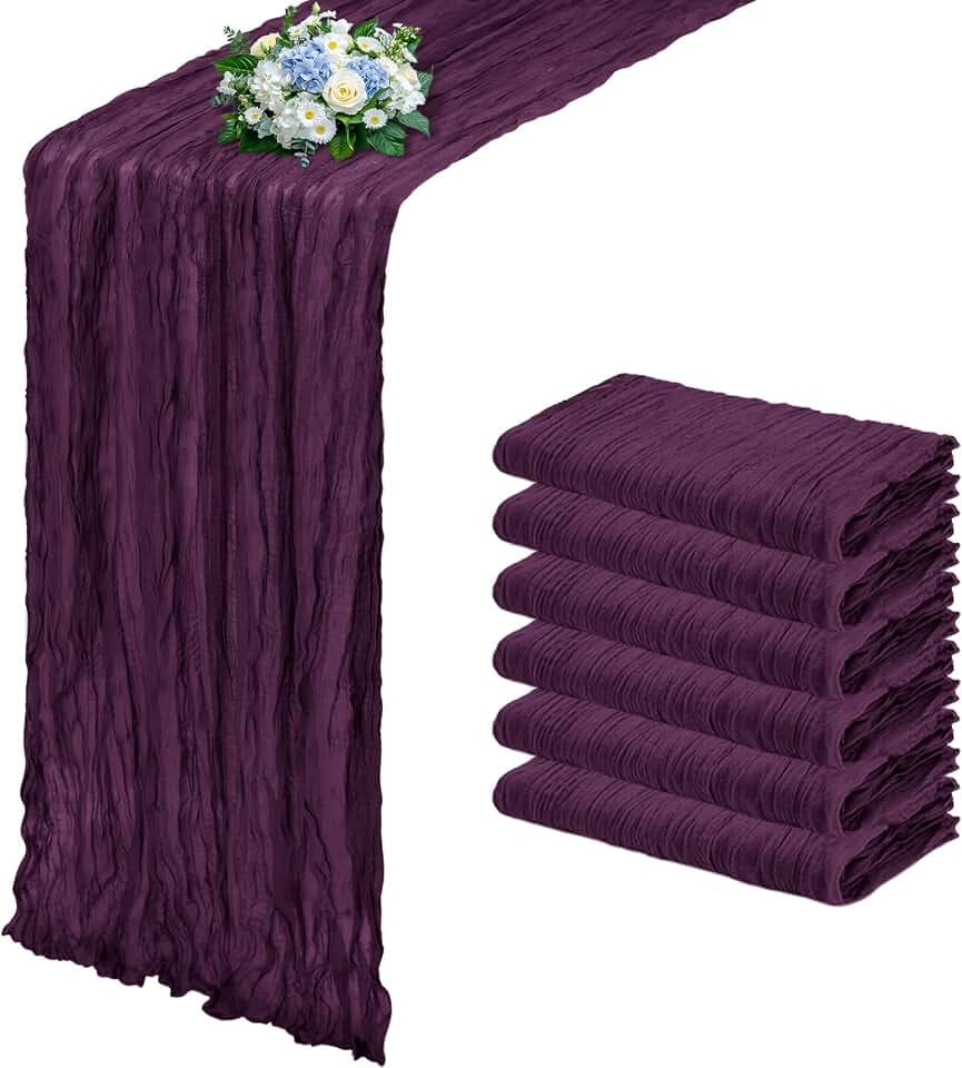 6 Pack Dark Purple Cheesecloth Table Runner 17x108 Inch Semi Sheer Boho Gauze Cheese Cloth Fabric Table Runners, for Wedding Party Baby Shower Birthday Home Decor Garden