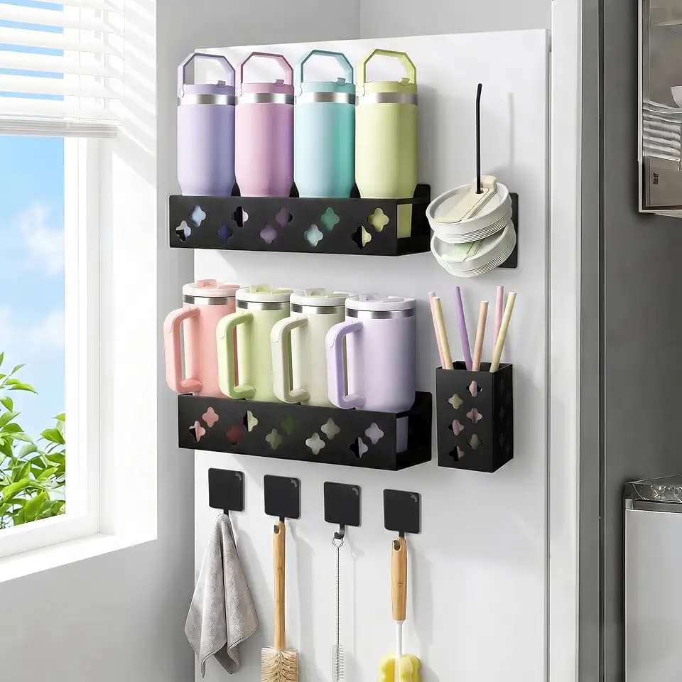 Magnetic Water Bottle Organizer for Fridge, Magnetic Cup Holder for 30 40 Oz with Tumbler Lid & Straw Organizer & Magnet Hooks, 8 Tumblers Kitchen Storage Rack for Cup Accessories, Space-Saving