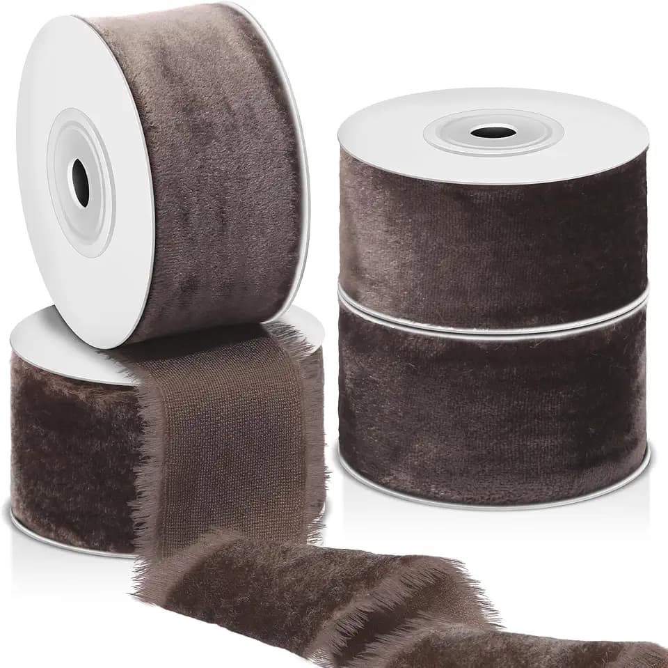 Preboun 4 Rolls Christmas Velvet Ribbon 24 Yards,Brown,1.5 Inch