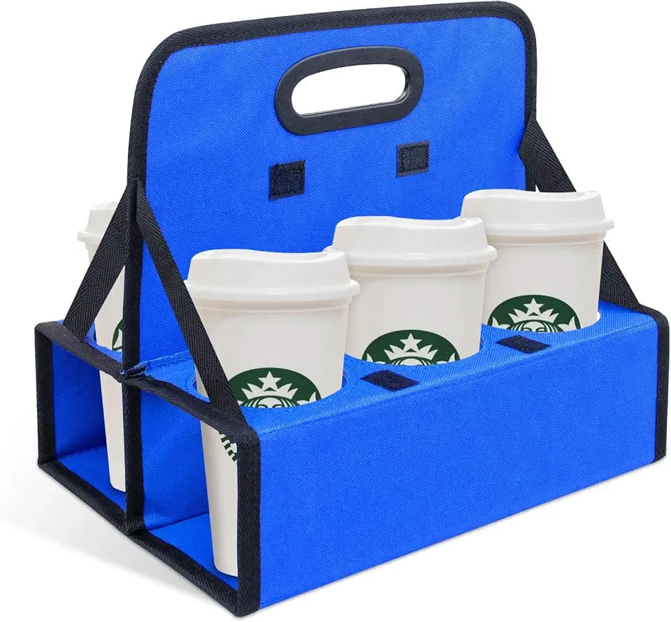 ZKOO Portable Drink Carrier with Handle, 6 Cup Foldable Portable Drink Carrier, Reusable Cup Holder Carry Coffee, Wine, Cocktails, Hot and Cold Beverages for Delivery and Take Out (Blue)