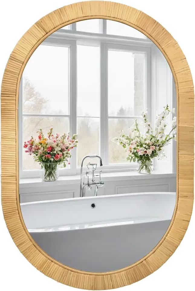 FUIN 20" x 30"Handcrafted Rattan Oval Wall Mirror – Natural Woven Wicker Frame for Boho Living Room & Entryway – High-Definition Shatter-Resistant Mirror – Vertical or Horizontal Biophilic Home Decor
