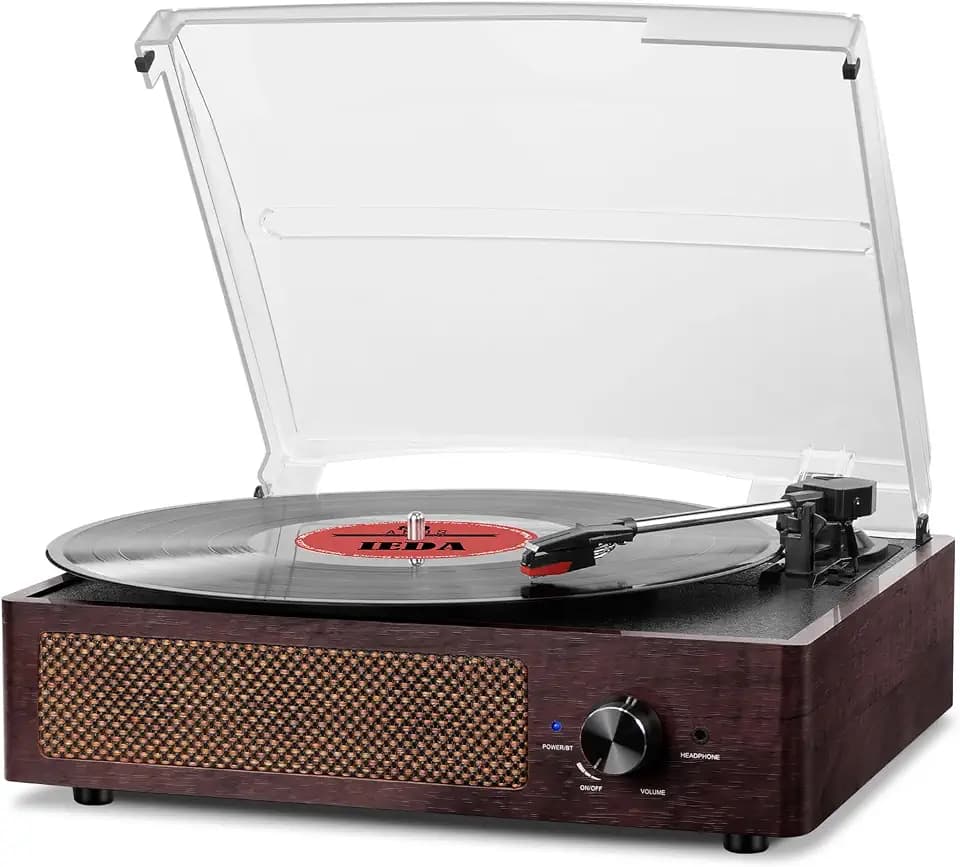 Vinyl Plattenspieler, Bluetooth tragbaren Vinyl Plattenspieler Schallplattenspieler mit 3-Gang 33/45/78 U/min und Eingebauter 2 Stereo Lautsprechern- natürliches Holz