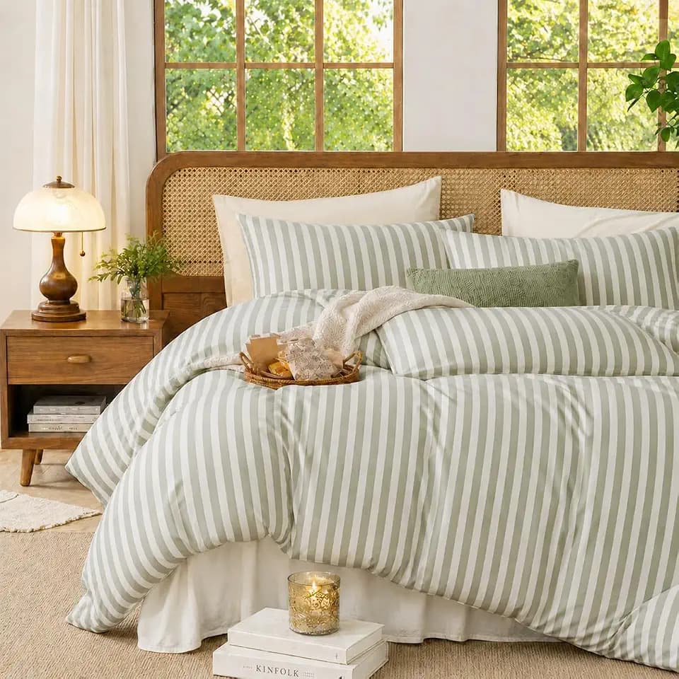 Striped Comforter Set Queen Size Sage Green White and 2 Pillowcases