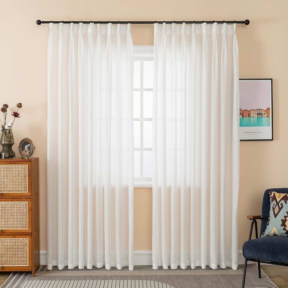 84 Inches Long Pinch Pleated Curtains White Semi Sheer Light Filtering Window Curtains for Living Room Bedroom 1 Panel Sliding Glass Door for Pinch Pleat Drapes, W52 x L84