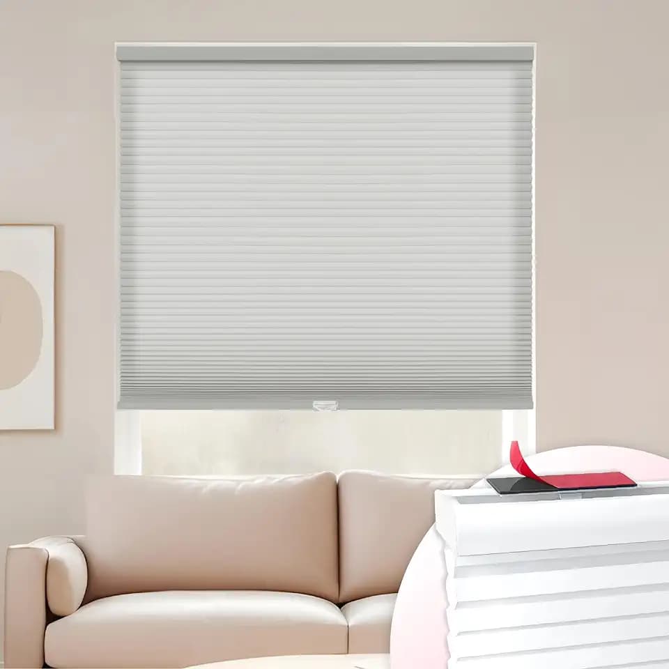 DEZ FURNISHINGS EZ Stick No Drill No Tools Cordless 1" Light Filtering Cellular Shade, 18" W x 72" H, Gray Cloud