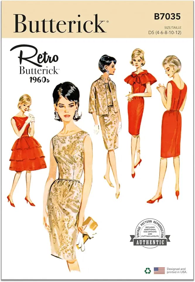 Butterick B7035R5 Vintage 1960's Misses' Sheath Dress, Boxy Jacket, Gathered Capelet and Ruffled Overskirt Sewing Pattern Packet, Design Code B7035, Sizes 14-16-18-20-22