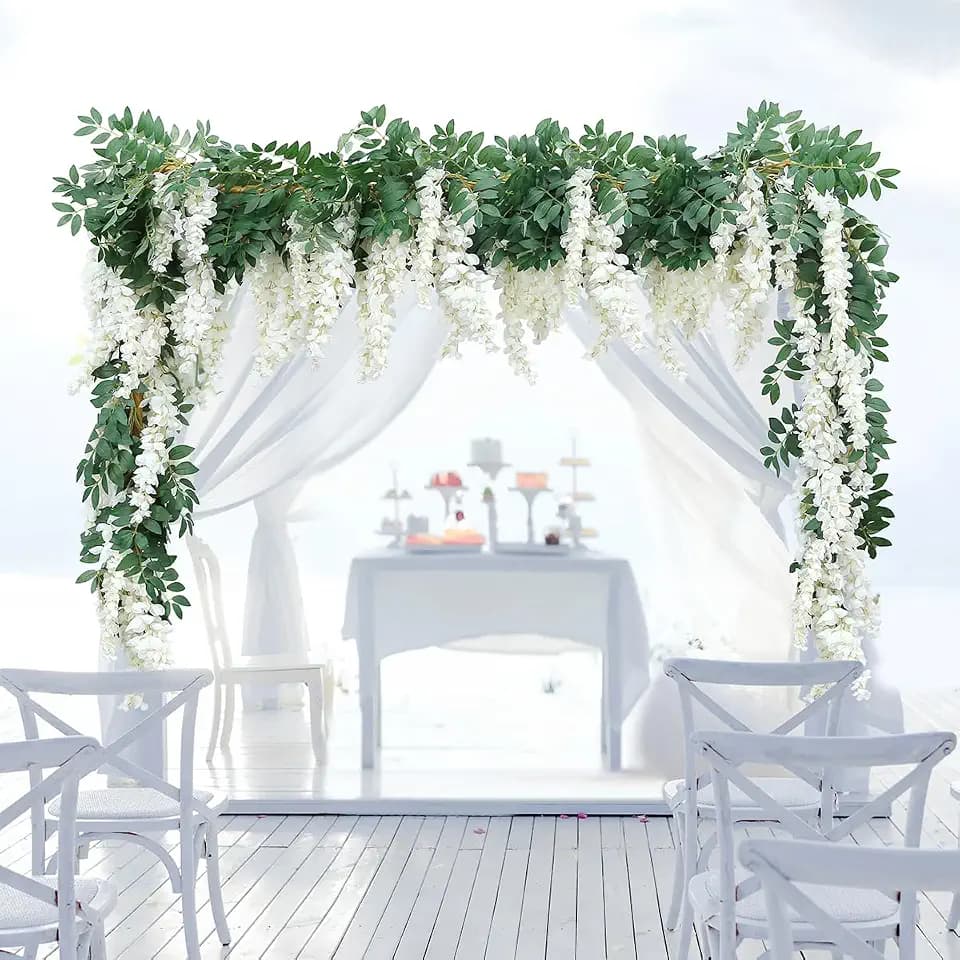 Encrypted Flower Vine Wisteria Artificial Garland Hanging (White, 2pcs)