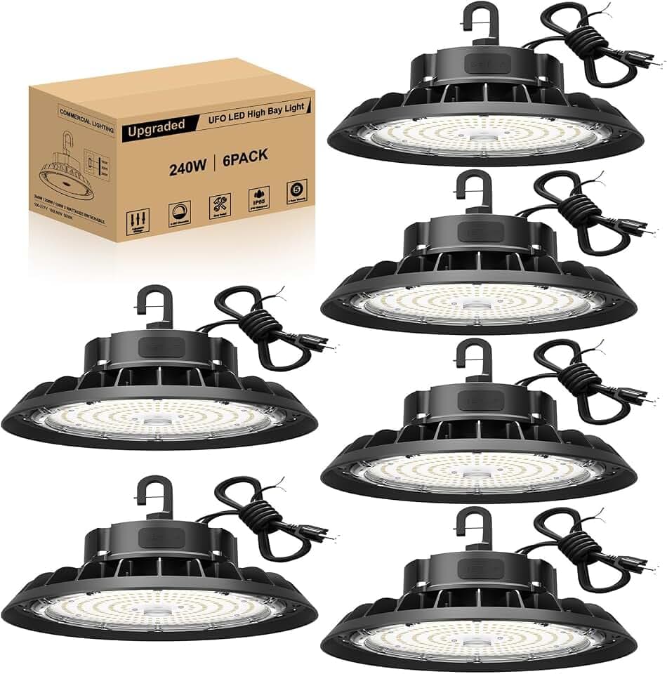 UFO LED High Bay Light 240W 6 Pack, High Bay LED Shop Light 36,000LM 0-10V Dimmable, 5' Cable with US Plug, Hanging Hook, Safe Rope, ETL Listed High Bay for Warehouse Factory Barn Shop