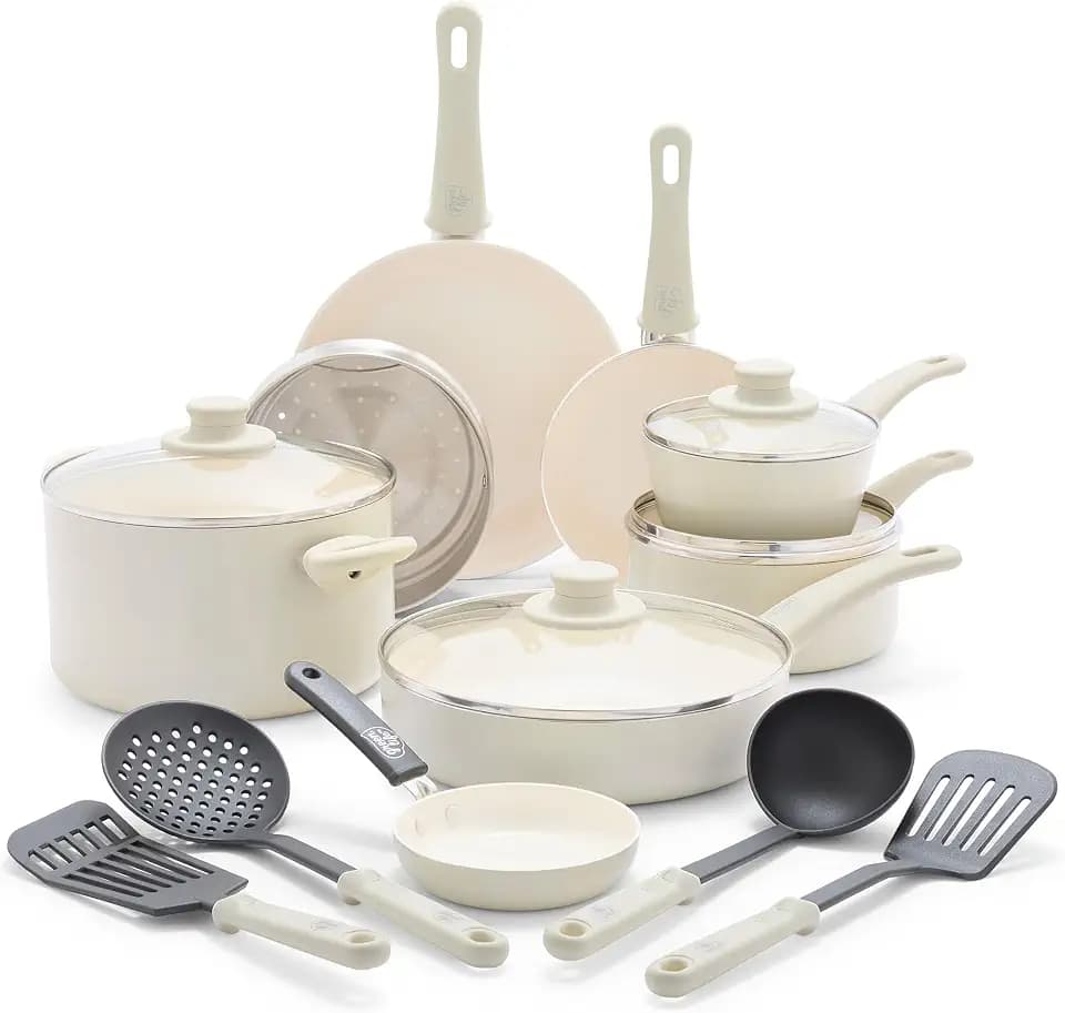GreenLife 16 Piece Ceramic Nonstick Pots & Pans Cookware Set, Cream