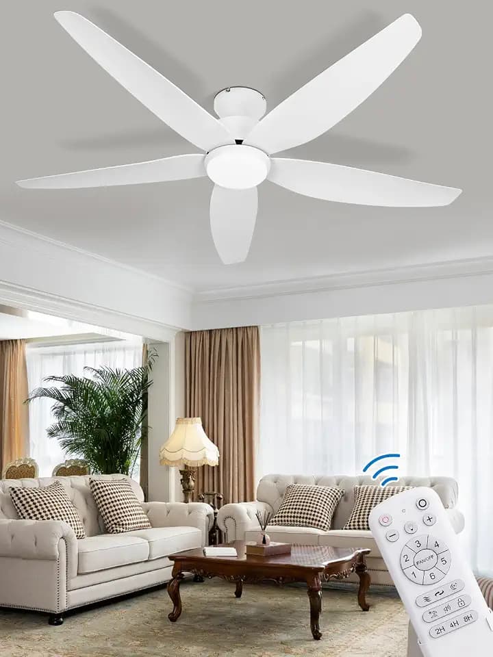 VACILL Ceiling Fans with Lights, 52 Inch Low Profile Ceiling Fan with Light and Remote Control, Flush Mount, Quiet, Reversible, 3CCT, Dimmable, White Ceiling Fan for Bedroom Indoor/Outdoor
