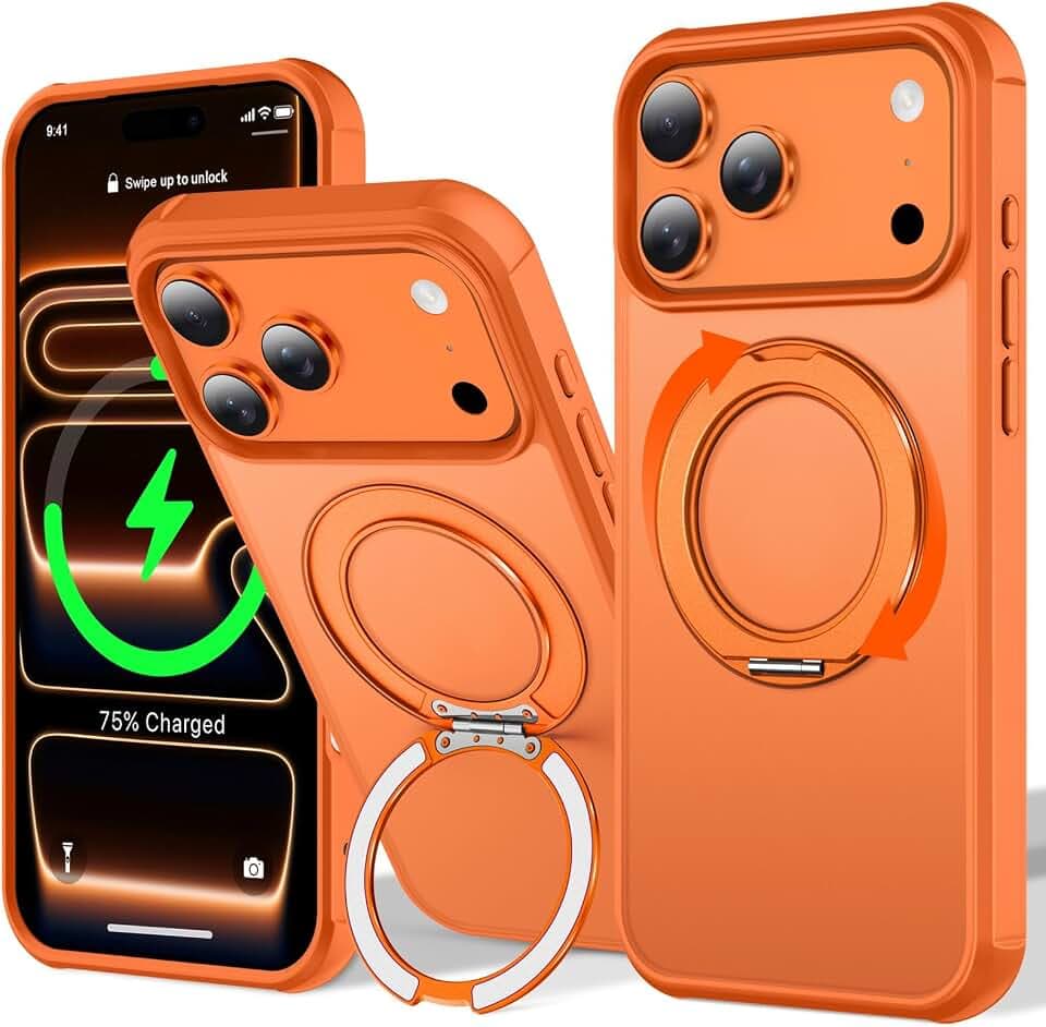 360° Rotatable Magnetic Ring Design for iPhone 17 Pro, Built-in Invisible Loop Stand, Compatible with Magsafe, Translucent Ultra Slim Military Grade Shockproof Case - Deep Orange