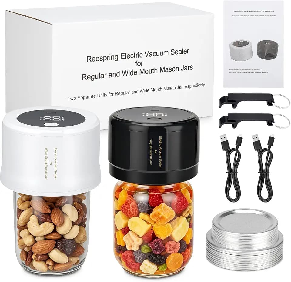 Reespring Mason Jar Vacuum Sealer Kit - 2 Separate Vacuum Sealers for Wide Mouth Mason Jar and Regular Mouth Mason Jars Respectively- Also comes with 20 Canning Lids for Mason Jars