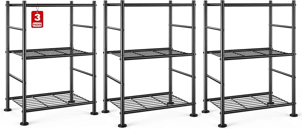 Sakugi 3-Pack Storage Shelves - 3-Tier Metal Wire Shelf Organizer, Slim Shelf Rack with Adjustable Feet for Laundry Room, Kitchen, Garage Organization, 18.2" x 12.3" x 30.4", Black