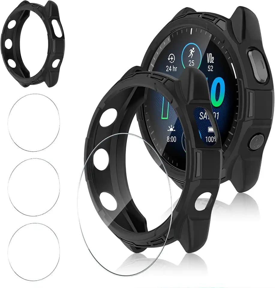 Silikon Hülle mit Schutzfolie Kompatibel mit Forerunner 965, 9H Härte Displayschutz für Panzerglas*3+Vollschutz PC Kratzfest Schutzhülle Schutz Case*1