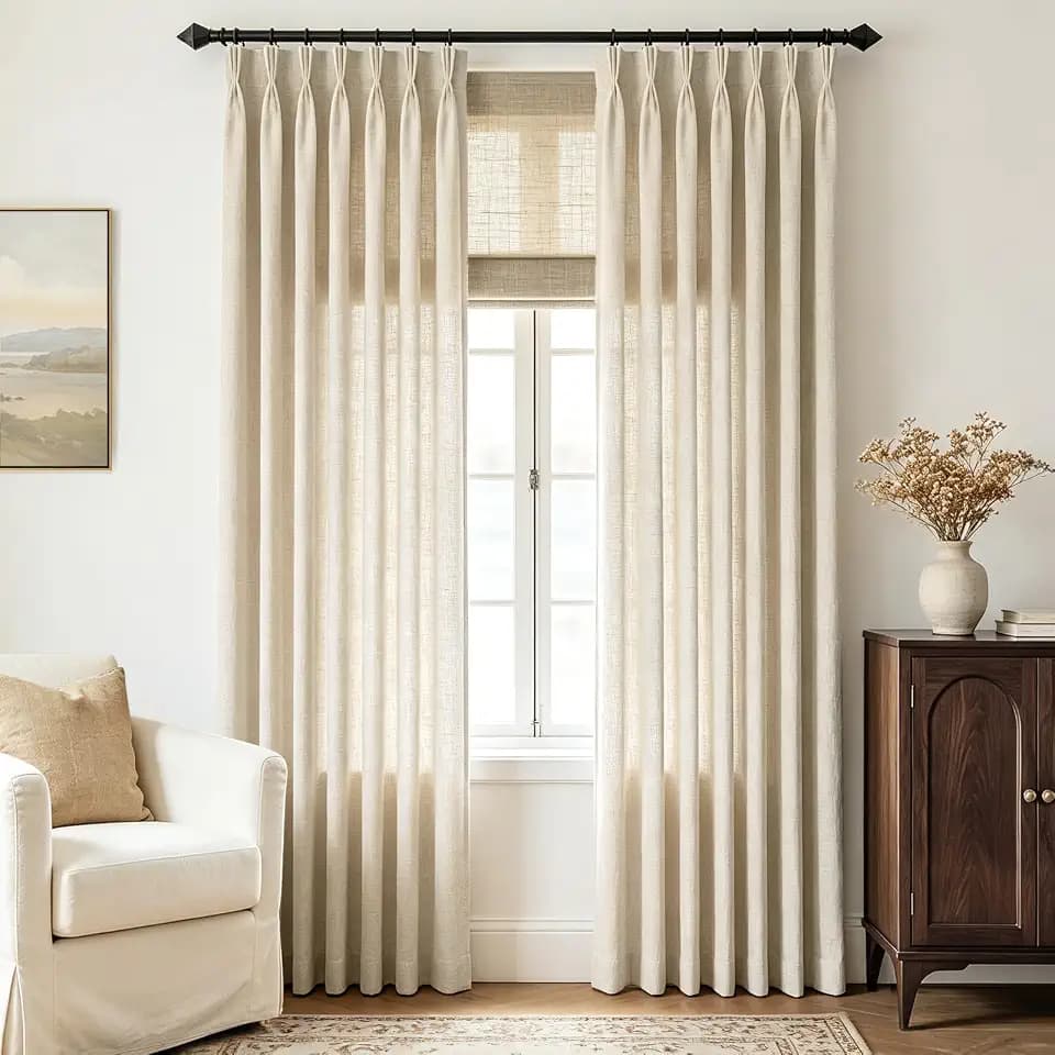 Beige Linen Triple Pinch Pleat Curtains 86 inches Long 1 Panels for Living Room Light Filtering Pleated Curtain Memory Trained with Hooks Rustic FarmhouseNeutral Thick Flax Linen Drapes Apricot