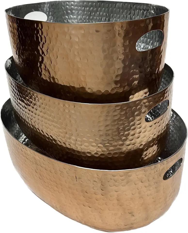 India Handicrafts Oval Hammered Design Cutout Handles, Metallic Copper 21, 18 & 16 Inch Polished Aluminum Beverage Ice Tub; Set of 3