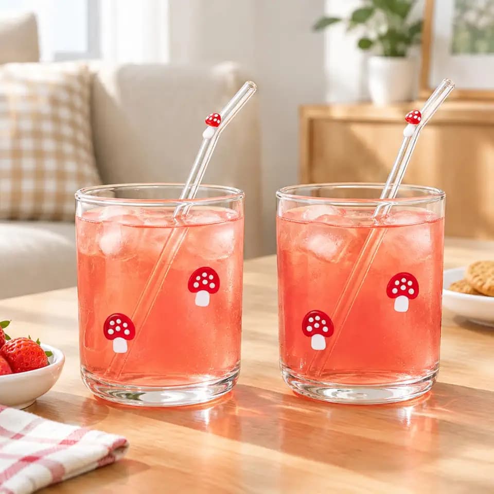 Skylety 2 Set Mushroom Icon Juice Glass Cups with Straw, 14 oz