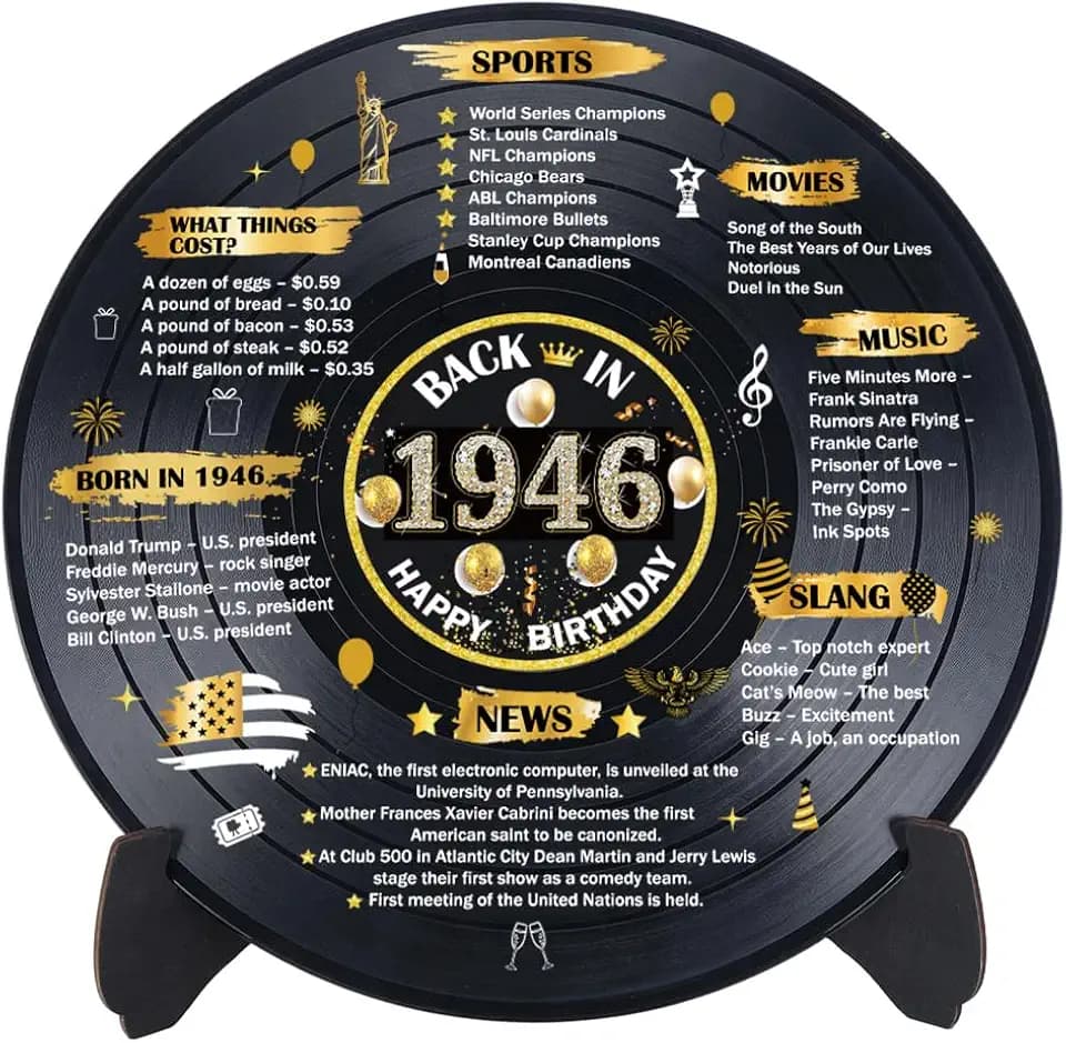 EUOYUFO Vinyl Record 80th Birthday Decoration,Black Gold 1946 Birthday Party Poster Sign With Stand Vintage 80 Year Old Bady Anniversary Party Supplies Class Reunion Gifts for Men Women
