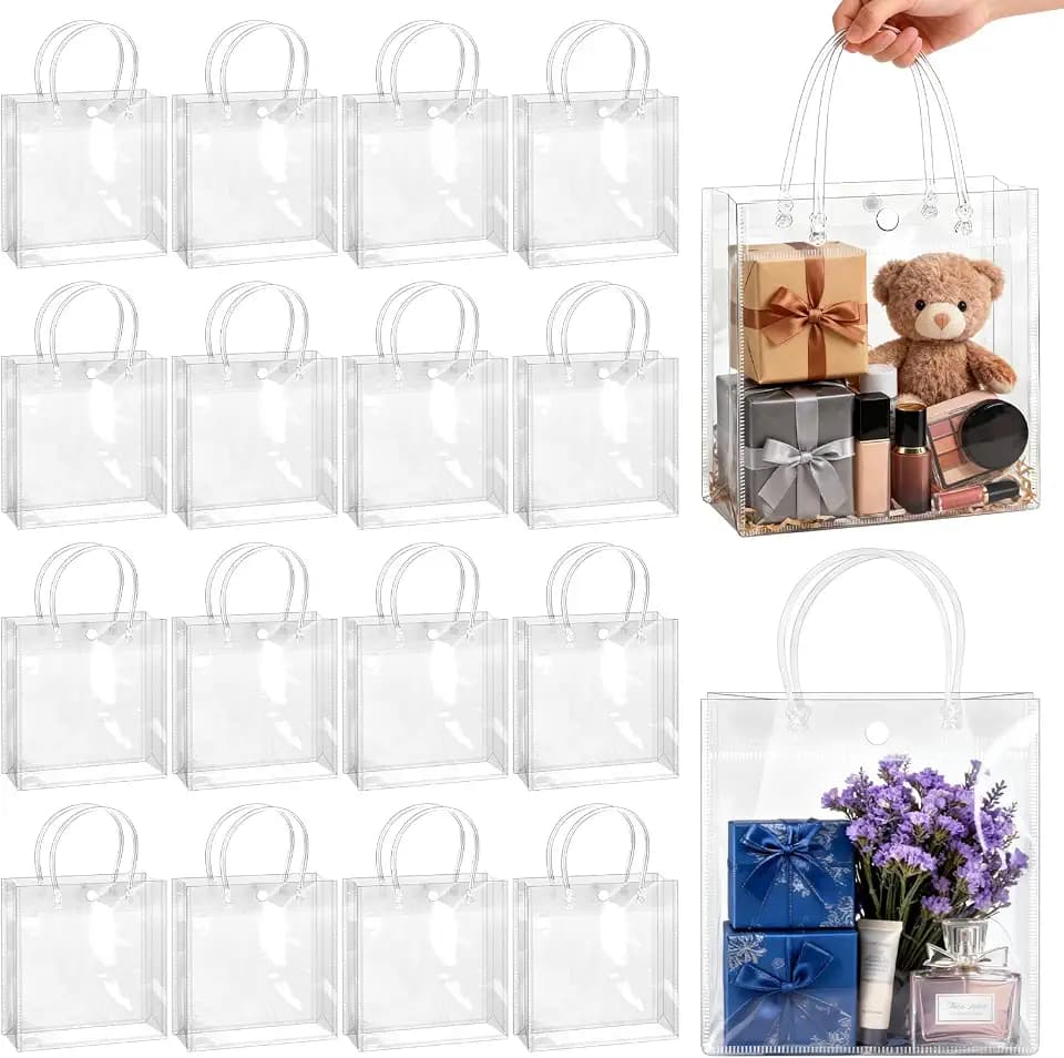 BadenBach 16 PCS Clear Plastic Gift Bags with Handles, 9.8x9.8x3.5 Inches