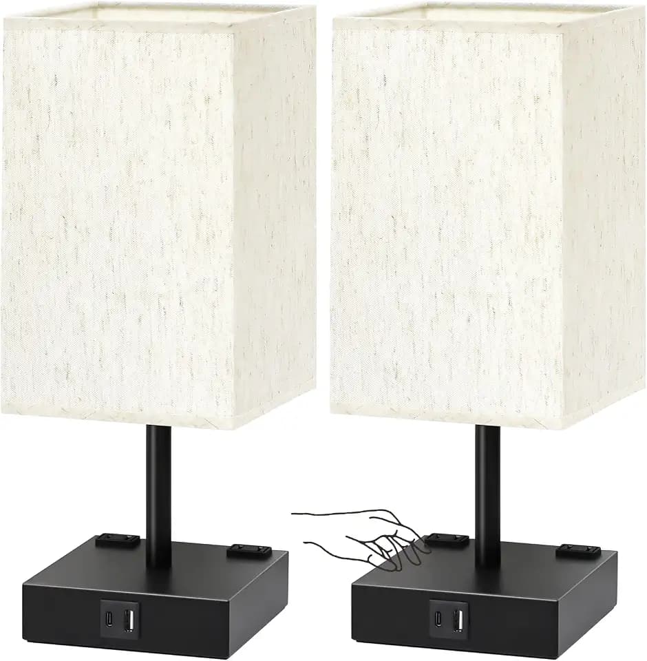 Bedside Table Lamps Set of 2 - Touch Nightstand Lamp for Bedroom with USB C+A Charging Ports & AC Outlets, 3-Way Dimmable Desk Lamp Flaxen Fabric Shade for Living Room Office(Bulb Included)