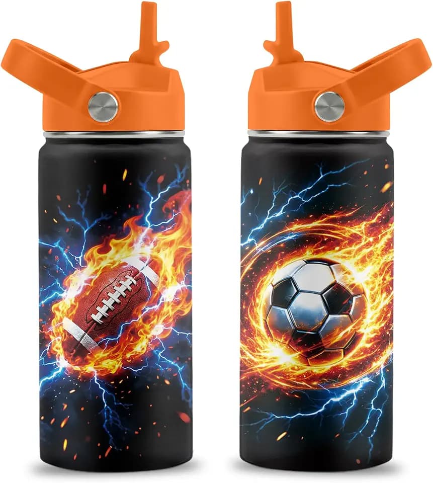 Football Soccer Gifts for Boys, 16 oz Water Bottle with Straw Lid, 2 Pack Set, Stainless Steel Insulated Water Bottles for School Travel Outdoor Sports, Sports Birthday Gifts