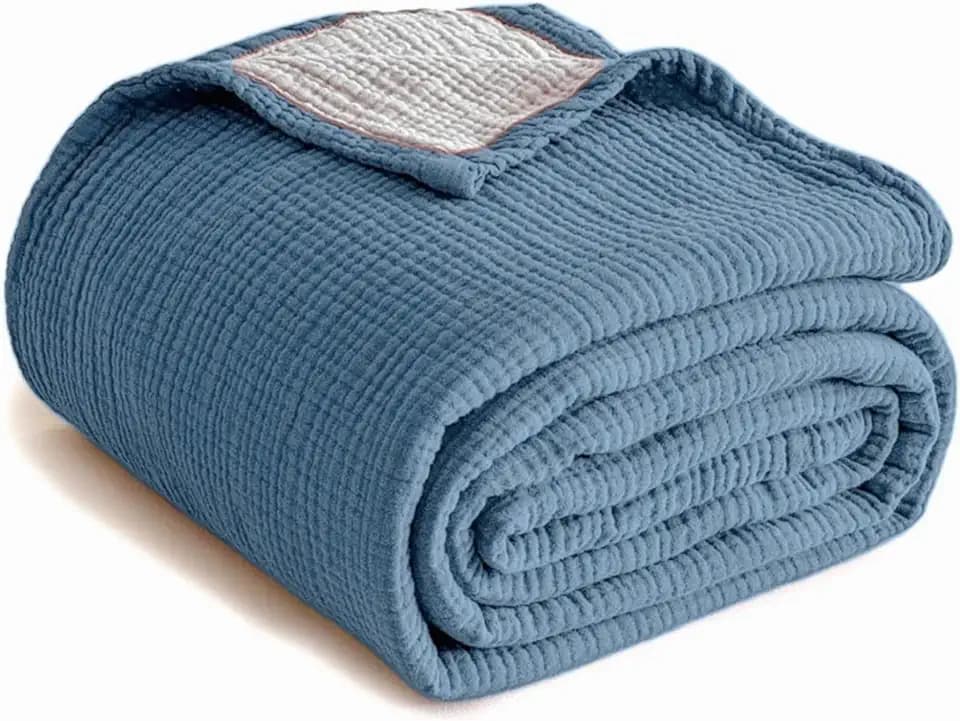 Simple&Opulence 100% Cotton Muslin Blanket, Lightweight Breathable 4 Layering Soft Cotton Throw Blanket,Gauze Blanket for Bed Couch Camping All-Season Use (Dusty Blue, 50"x60")