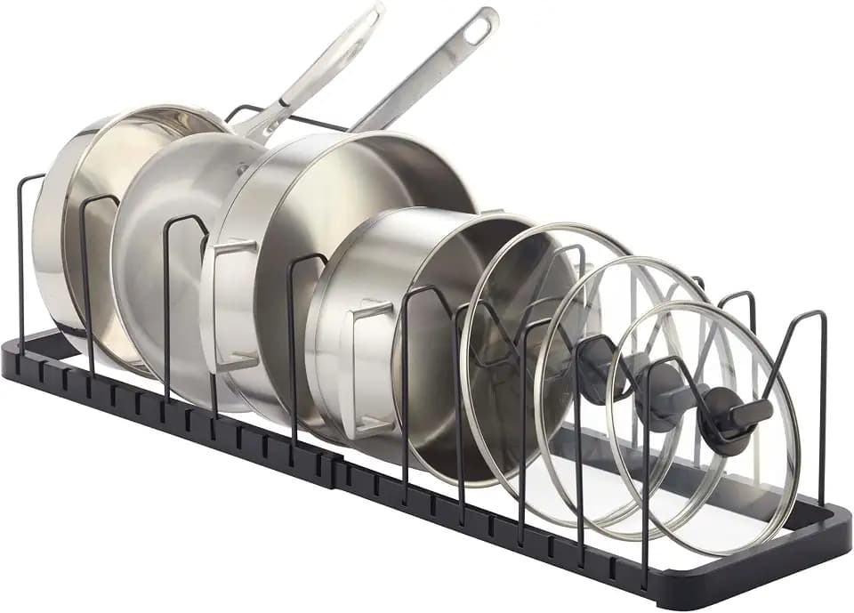 YAMAZAKI Home Adjustable Lid & Pan Organizer - Kitchen Drawer Storage Shelf Rack Steel One Size Black